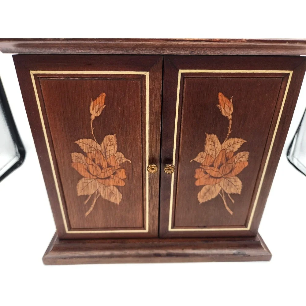 Vintage Wooden Jewelry Box Cabinet Velvet Lined Drawers Inlaid Doors Japan